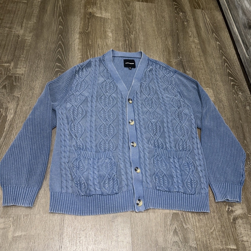 Lucky Brand Men's Washed Fisherman Knit Cable Cardigan Indigo XL V Neck Sweater